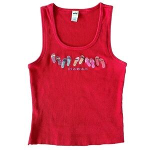 Y2K Kavio! Hawaii Flip Flop Novelty Crop Ribbed Tank Red Cut Hem Small GUC